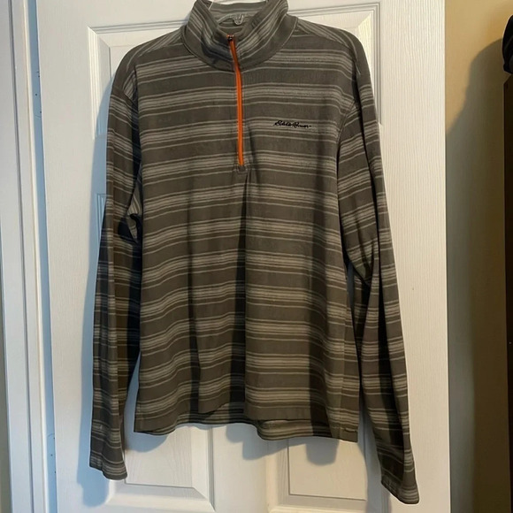 Eddie Bauer mens gray striped fleece quarter zip sweater size large - Picture 1 of 7